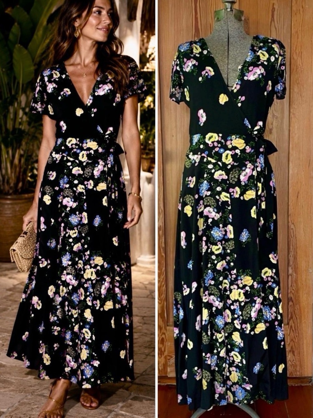 Free People Gorgeous Jess True Wrap Floral Cottagecore Maxi Dress Sz M 🧡🍄